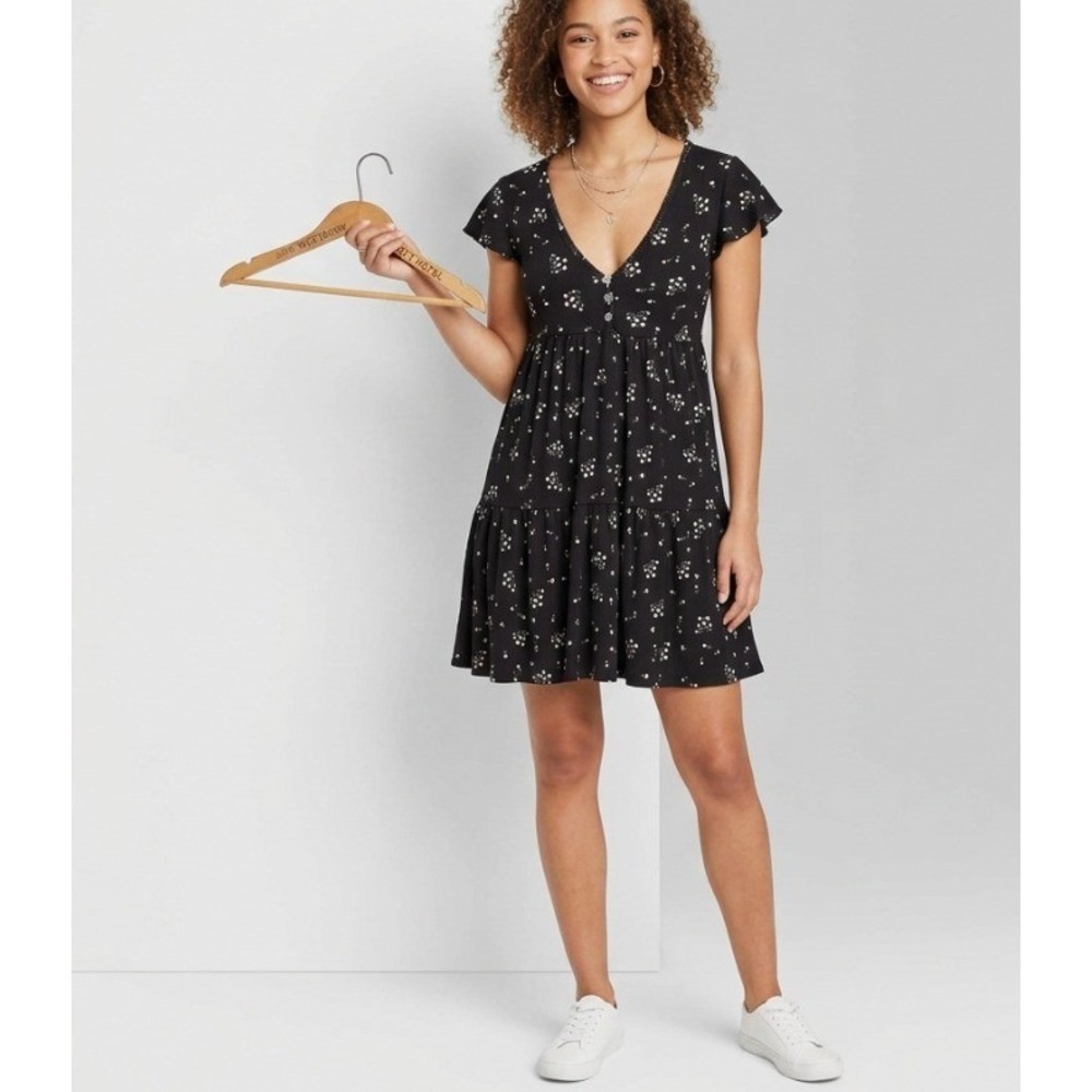 See You Monday Womens Black Floral Ribbed Babydoll Mini Dress XS 7833P1S